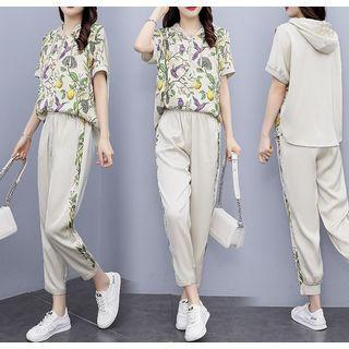 Set: Elbow-sleeve Hooded Print T-shirt + Straight Leg Jogger Pants