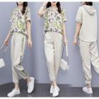 Set: Elbow-sleeve Hooded Print T-shirt + Straight Leg Jogger Pants
