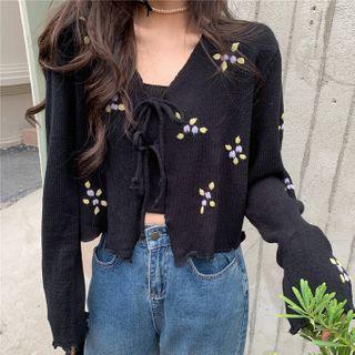 Set: Knit Camisole Top + Floral Embroidered Tie-front Cardigan