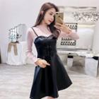 Set: Long-sleeve Top + Faux Leather Pinafore Dress