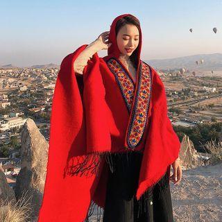 Fringed Hooded Shawl Red - One Size