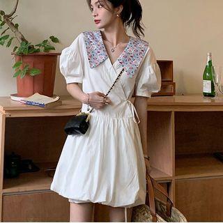 Puff-sleeve Floral Collared A-line Dress White - One Size