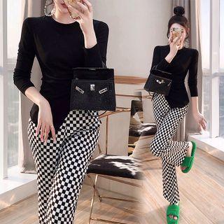 Set: 3/4-sleeve Slit Top + Checkerboard Bootcut Pants