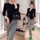 Set: 3/4-sleeve Slit Top + Checkerboard Bootcut Pants