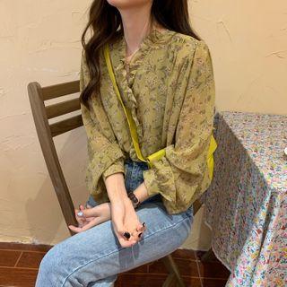 Long Sleeve Frilled Trim Floral Print Blouse