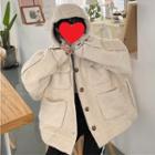 Front Pocket Fleece Hooded Button Jacket As Shown In Figure - One Size