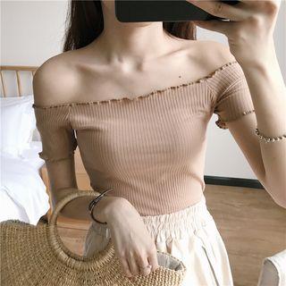 Plain Frilled Off-shoulder Slim-fit Short-sleeve Top