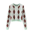Argyle Print Sweater Mint Green & White & Coffee - One Size