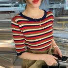 Short-sleeve Striped Knit Top / Plain A-line Skirt