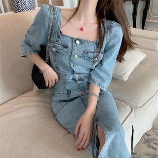 Square-neck Elbow-sleeve Midi Denim Sheath Dress