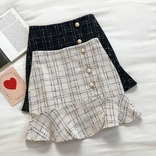 Color-block Plaid Ruffled-trim High-waist A-line Fish Tail Skirt