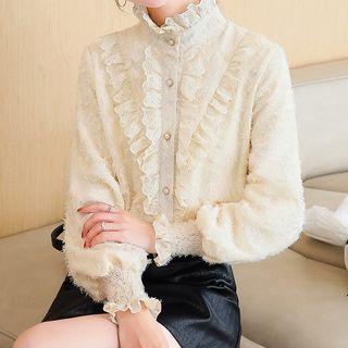 Ruffle Trim Mock Neck Long-sleeve Blouse