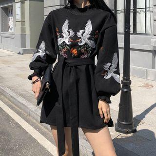 Long-sleeve Embroidered Tie-waist A-line Dress