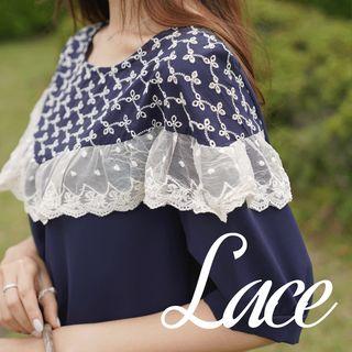 Puff-sleeve Frilled Lace-yoke Blouse