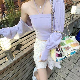 Set: Plain Cropped Cardigan + Halter Top