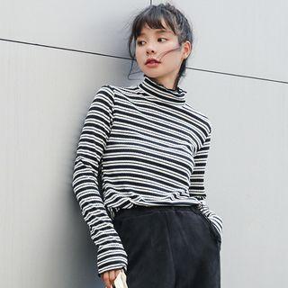 Mock Turtleneck Striped Long-sleeve T-shirt