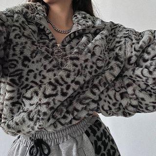 Long-sleeve Leopard Zip Loose-fit Top
