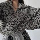 Long-sleeve Leopard Zip Loose-fit Top