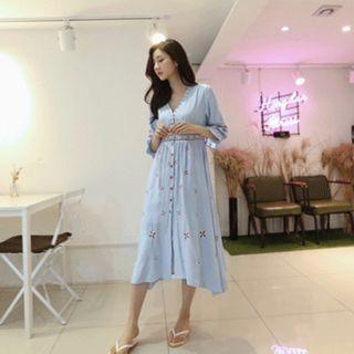 3/4-sleeve Embroidered Midi Shirtdress