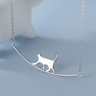 925 Sterling Silver Bar & Cat Pendant Necklace Silver - One Size