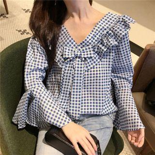 Plaid Ruffle V-neck Blouse Blue - One Size