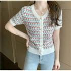 Short-sleeve Floral Pattern Button-up Knit Top Pink - One Size