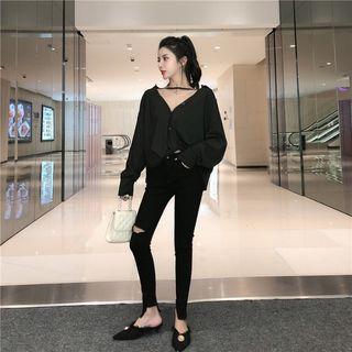 Asymmetric V-neck Blouse / Distressed Pants
