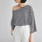 Cut Out Shoulder Striped 3/4 Sleeve T-shirt