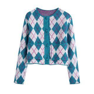 Round Neck Argyle Cropped Cardigan
