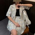 Plaid Short-sleeve Blazer / Pleated Skirt