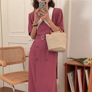 Short-sleeve Double-breasted Midi Blazer Dress Rose Pink - One Size