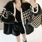 Houndstooth Tasseled Faux Shearling Cardigan