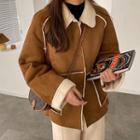 Faux Suede Fleece-lined Button-up Coat