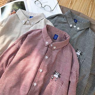 Cat Embroidery Striped Shirt