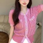 Short-sleeve Button-up Cardigan Red - One Size