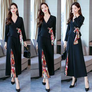 Set: Long-sleeve Tie-waist Top + Cropped Wide Leg Pants