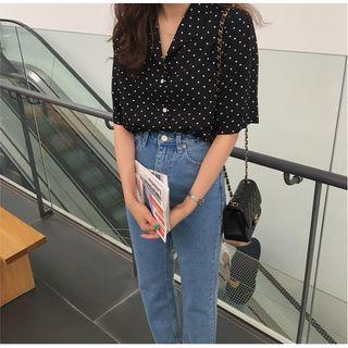Elbow-sleeve Polka Dot Shirt Black - One Size