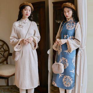 Long-sleeve Striped Midi Qipao / Floral Vest