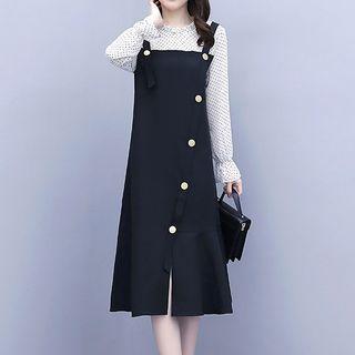 Mock Two-piece Dotted Panel Midi A-line Dress