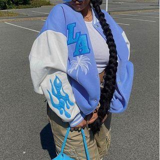 Raglan Sleeve Graphic And Lettering Baseball Jacket