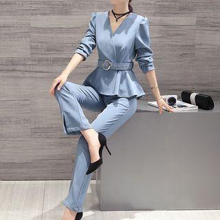 Set: V-neck Blouse + Slit Pants