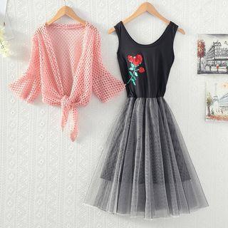 Set: Rose Embroidered Mesh A-line Dress + Perforated Light Jacket