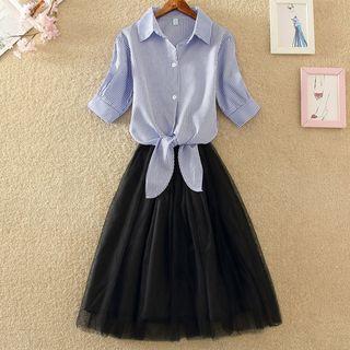 Elbow-sleeve Blouse / Mesh Panel Spaghetti Strap Dress