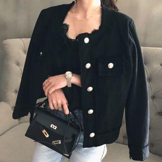 Fray-trim Metallic-button Tweed Jacket