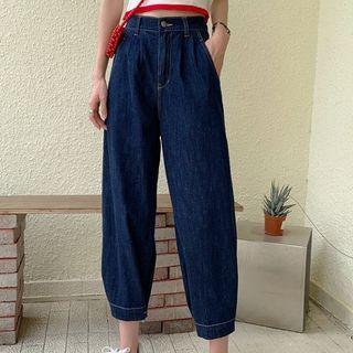 High-waist Shift Gathered Cuff Denim Cropped Pants