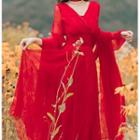 Long-sleeve V-neck Midi A-line Chiffon Dress