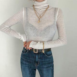 Turtleneck Sheer Rib-knit Top
