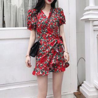 Short-sleeve Floral Ruffed Dress