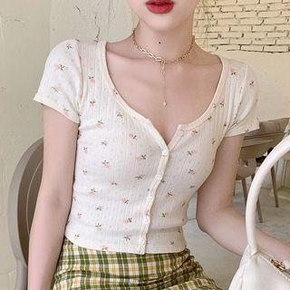 Plaid Mini A-line Skirt / Short-sleeve Floral Print Button T-shirt