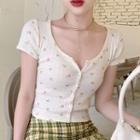 Plaid Mini A-line Skirt / Short-sleeve Floral Print Button T-shirt